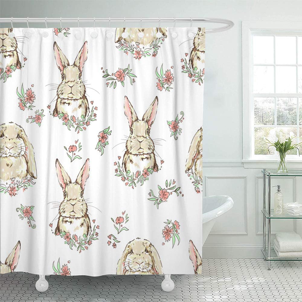 Rabbit and Floral Shower Curtain Bathroom Decor Fabric & 12hooks 71X71IN 