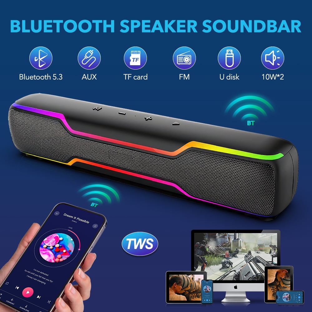 Bluetooth Speaker Soundbar, 20W PC RGB Gaming Soundbar with 3.5mm Jack Aux-in Computer Speakers, TWS Sound Bar for Desktop Laptop
