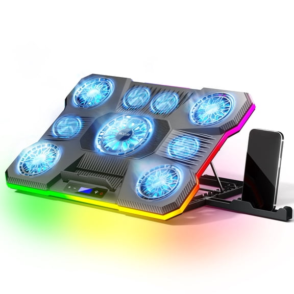 Laptop Cooling Pad, MOOJAY Laptop Cooler with 9 Quiet Fans for 14-19 Inch Notebook Computer, Gaming Laptop Fan Cooling Stand with 6 Adjustable Speeds and 10 RGB Light Modes, 2 USB Ports & Phone Holde