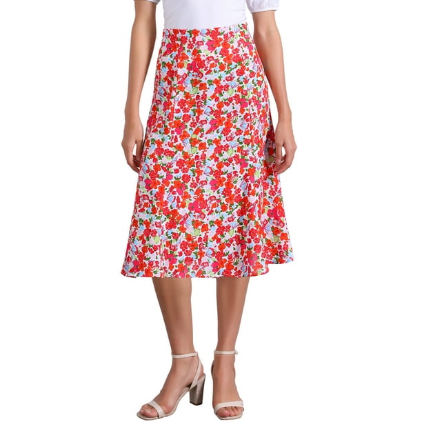 Faldas Midi Peasant de Mujer INSPIRE CHIC con Cintura Elástica A-Line de Flores Ditsy Rojas y Azules XL