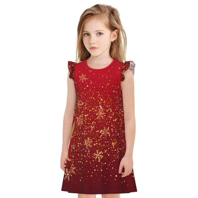 Fotbe Merry Christmas Vestido de Dormir para Niñas de 3 a 10 Años, Mangas Cortas, Estilo Princesa, Pijama Camisón con Mangas Voladas-Small