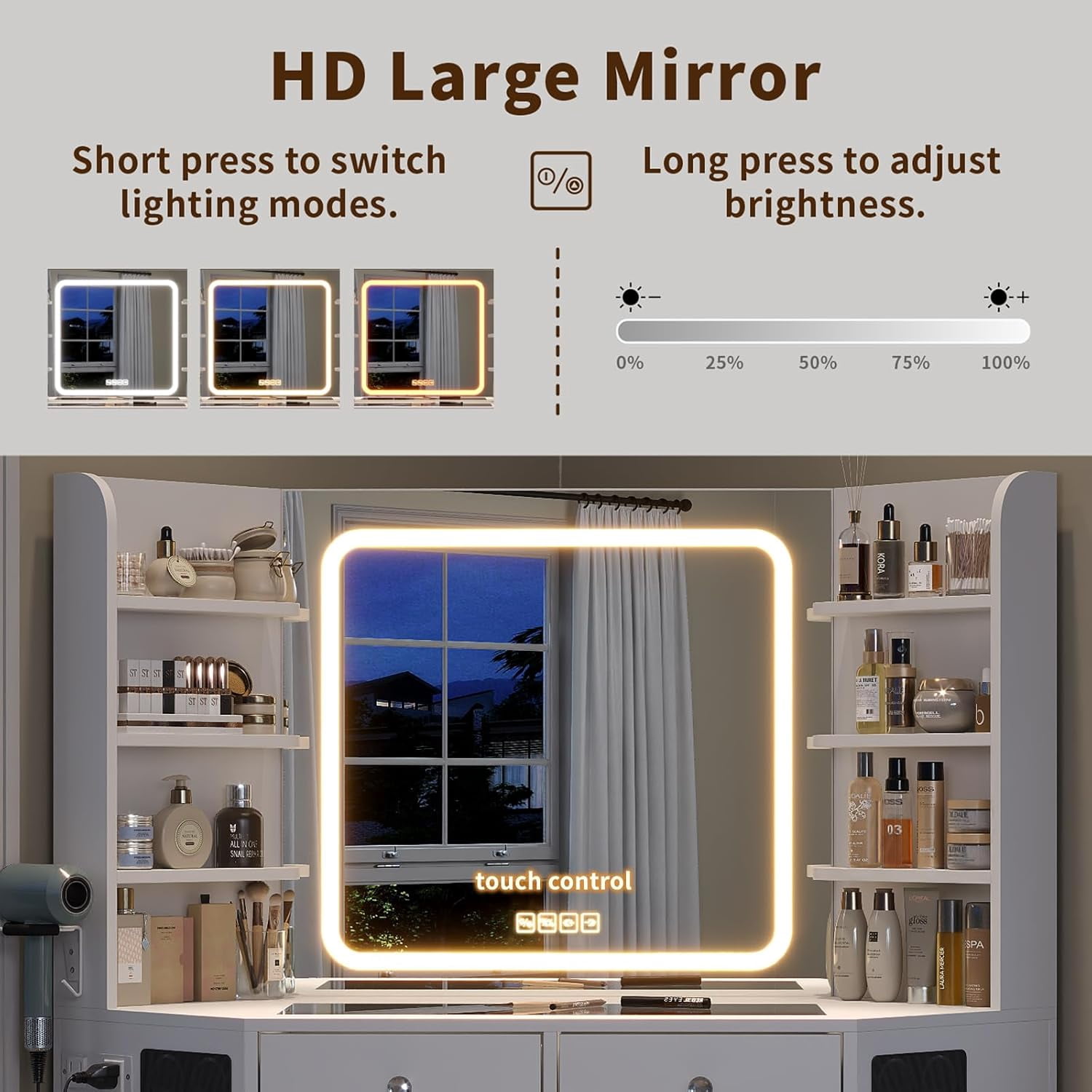 Corner Vanity Desk with Mirror and Lights, Modern Makeup Vanity with Glass Top, Bluetooth Speaker, 8 Drawers and 6 elves, 3 Color Lighting Modes, Dressing Table with Chair for Bedroom, White