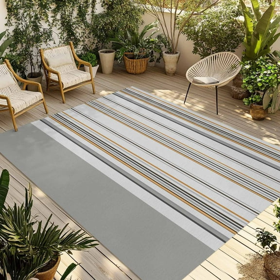 Fsddascl Grey Orange Thin Line Outdoor Rug for Patio/Deck/Porch, Non-Slip Large Area Rug 4 x 6 Ft, Geometric Gray Stripes Indoor Outdoor Rugs Washable Area Rugs, Reversible Camping Rug Carpet Runner