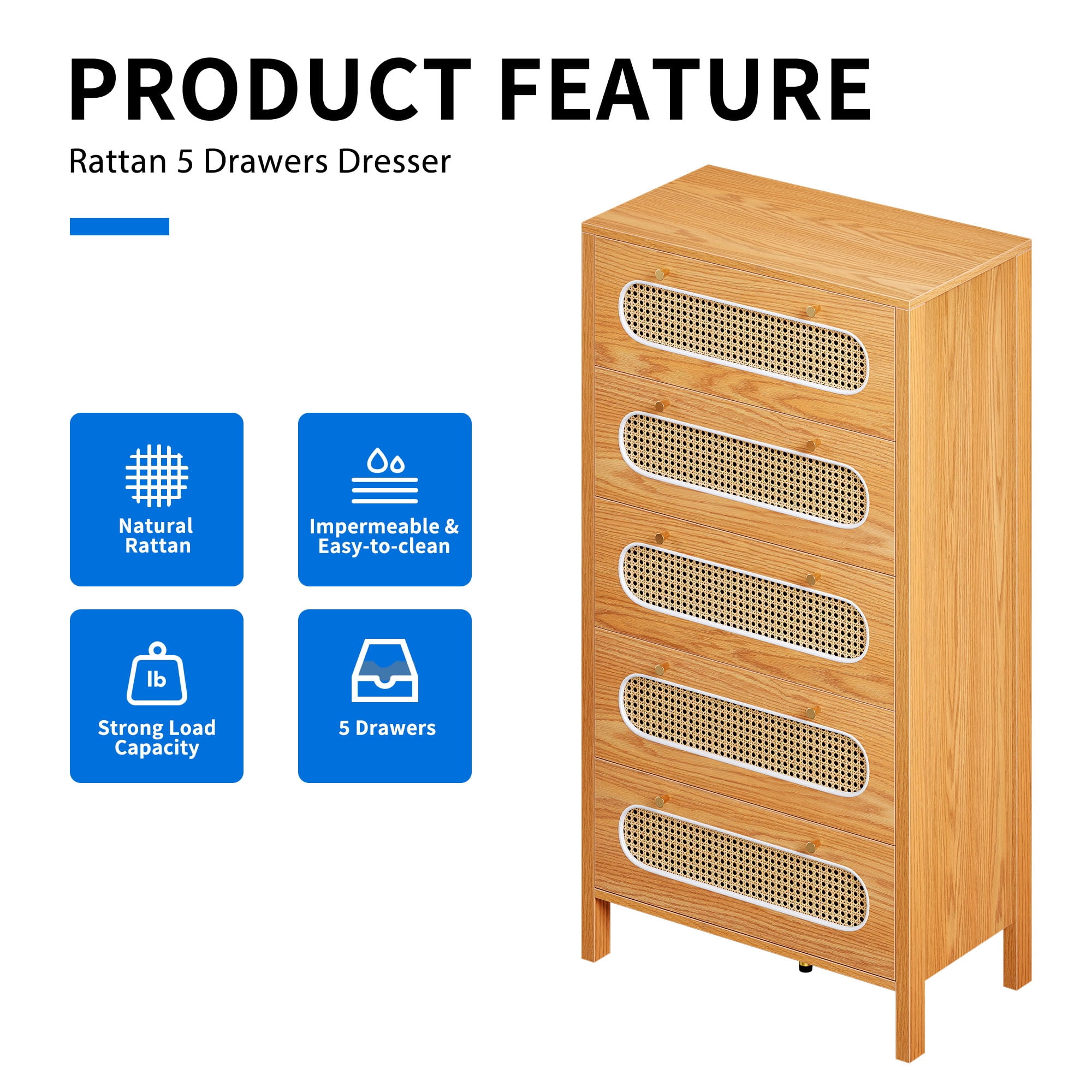 DEXTRUS 5 Drawer Dresser, 47" Tall Rattan Vertical Dresser, 5 Layers Wood Storage Cabinet Chest of Drawers, Oak