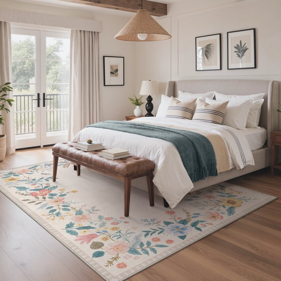 GENIMO 5'x7' Area Rug for Living Room, Machine Washable Non Slip Low Pile Rug for Bedroom Dining Room, Garden Floral, Linen Beige