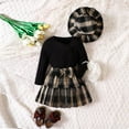 thumbnail image 2 of Little Girls Outfits Kids Autumn Winter Long Sleeve Ribbed Tops Plaid Skirts Bow Tie Clothes Set Size 6-7T, 2 of 7