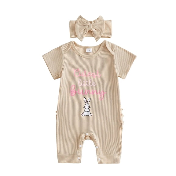 RMGVDSD Baby Girl Romper Summer Outfit Soft Ribbed Onesie Short Sleeve One Piece Jumpsuit Headband Comfy Cute Crawling Suit