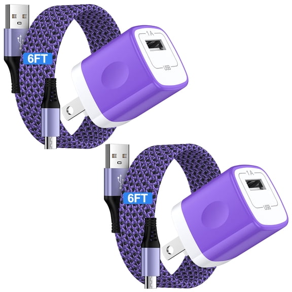 Micro USB Charger Block, 2 Pack Wall Charger with 6FT USB A to Micro Cable, USB Charger Brick Cube Android Phone Charger with High Speed Micro Charging Cable Compatible for Samsung Android, Purple