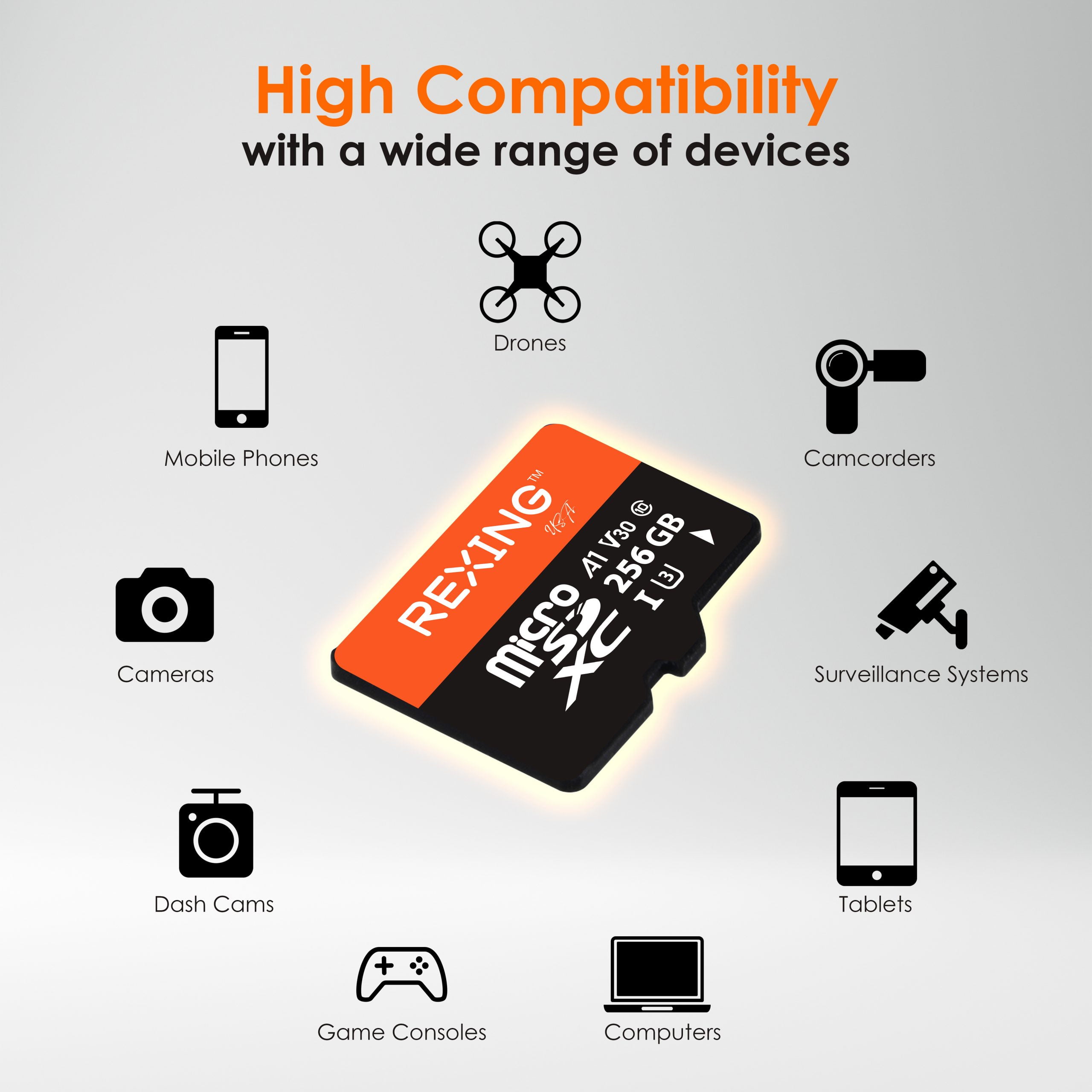 Rexing 256GB microSDXC UHS-3 4K Full HD Video High Speed Transfer Monitoring SD Card with Adapter for Dash Cams, Surveillance System, Security Camera, & Body Cam