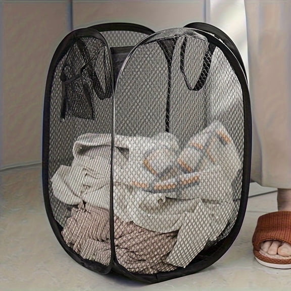 Pop-Up Collapsible Laundry Baskets with Handle, Side Pocket, Black & White