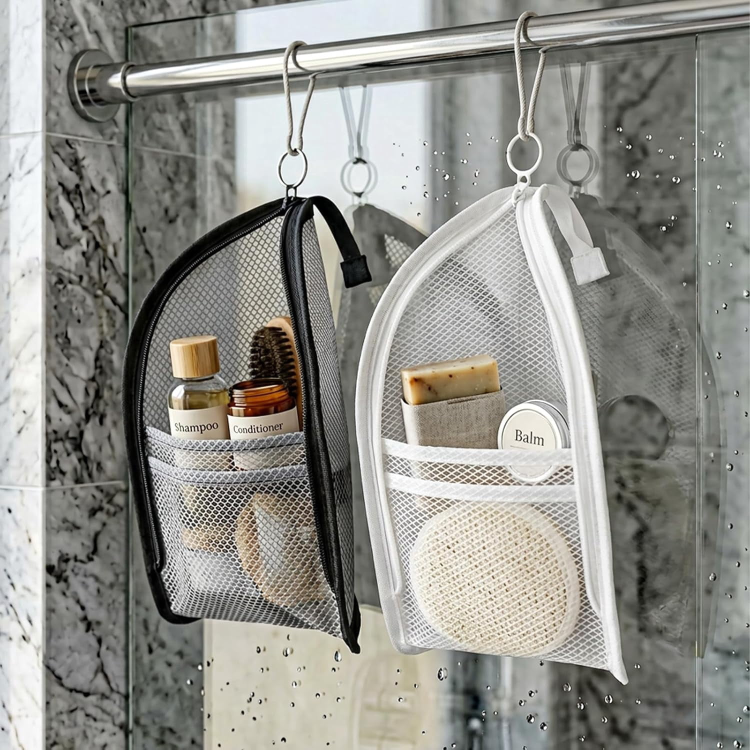2Pcs Standing Toiletry Bag, Waterproof Translucent Cosmetic Bag, Leakproof EVA Travel Organizer for Bathroom, Gym and Outdoor Trip (2Pcs, Black & White)