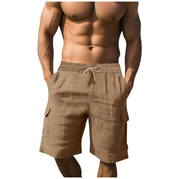 Chiccall Mens Cotton Linen Shorts with 4 Pockets Elastic Waist Drawstring Casual Solid Summer Beach Shorts Khaki
