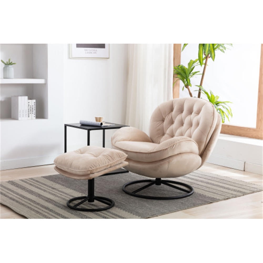 Velvet Swivel Accent Chair with Ottoman Set, Modern Lounge Chair with Metal Base Frame