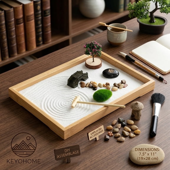Keyohome Zen Garden Kit DIY Zen Sand Set Mini Desktop Zen Decor Garden Funny Meditation Zen Sand Gift with Artificial Tree Bridge 19x28cm