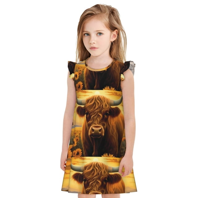Vsdgher Robe de Nuit Tournesol Coucher de Soleil Vache pour Filles Manches Courtes à Volants Robe de Nuit Pyjama pour Fête Pyjama-TG