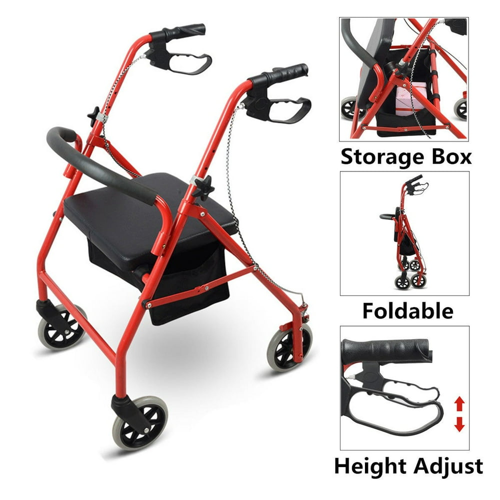 Foldable Walker with Wheels Soft padded Seat Adjustable Height Rollator