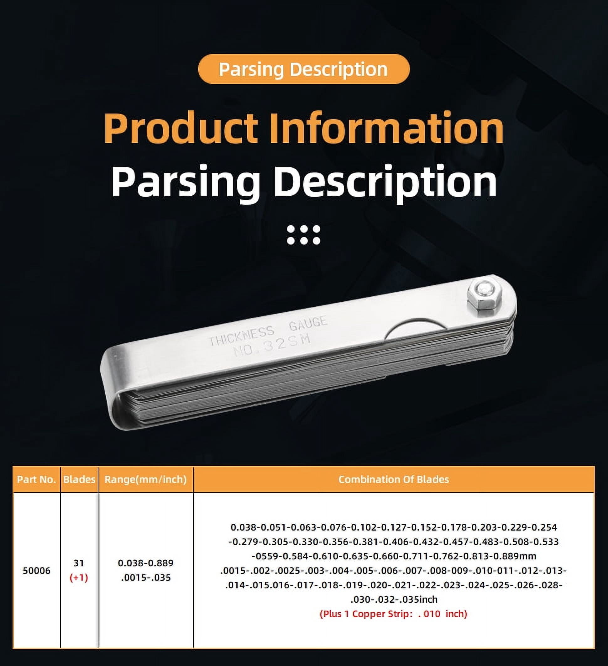 16 Blades Curved Feeler Gauge 0.127 to 0.508mm + 32 Blades Feeler Gauge Stainless Steel Metric 0.04-0.88mm