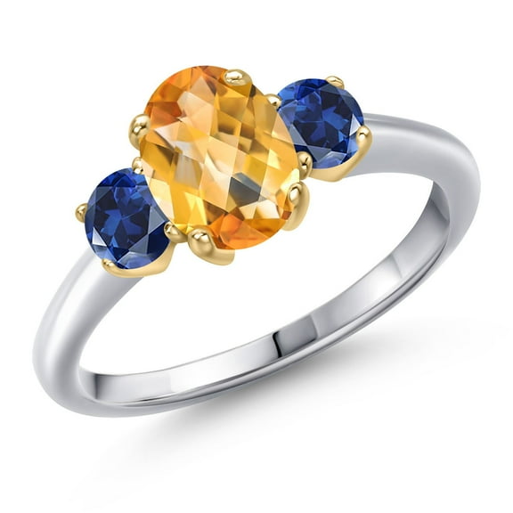 Gem Stone King 925 Silver and 10K Yellow Gold Yellow Citrine and Blue Created Sapphire Engagement Ring for Women | 1.75 Cttw | Oval Checkerboard 8X6MM | Gemstone November Birthstone | Size 5
