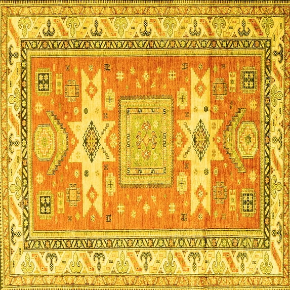 Ahgly Company Machine Washable Indoor Square Geometric Yellow Traditional Area Rugs, 4' Square