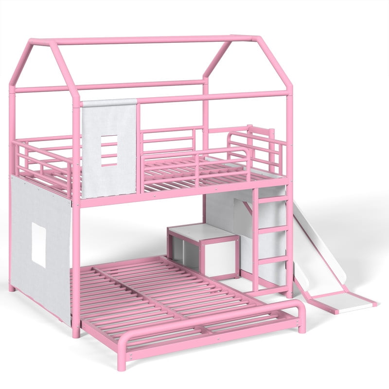 Full Over Full Metal Bunk Bed with Slide, Ladder, LED Light, Privacy Curtain and Movable Storage Cabinet, House-Shaped Kids Bunk Bed with Hanging Rod, No Box Spring Required