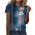 thumbnail image 1 of KIHOUT Nouveau Haut de Mode d'Été pour Femmes 2025, Haut Décontracté Rétro Imprimé à Col Rond et Manches Courtes Bleu Marine 2TG, 1 of 5