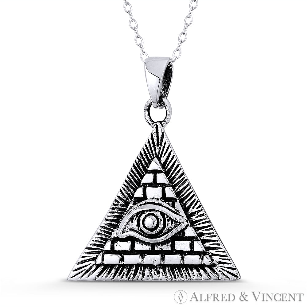 Men's Silver Necklace with Eye of Ra Triangle and Hamsa Hand Pendant
