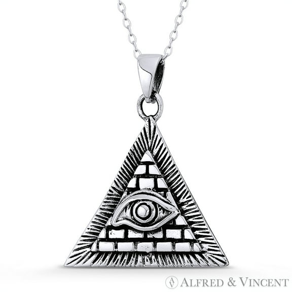 All-Seeing-Eye of Providence Illuminati Masonic Charm Pendant & Chain Necklace in Oxidized .925 Sterling Silver