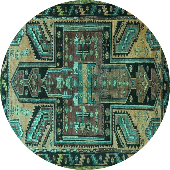 Ahgly Company Machine Washable Indoor Round Persian Turquoise Blue Traditional Area Rugs, 4' Round