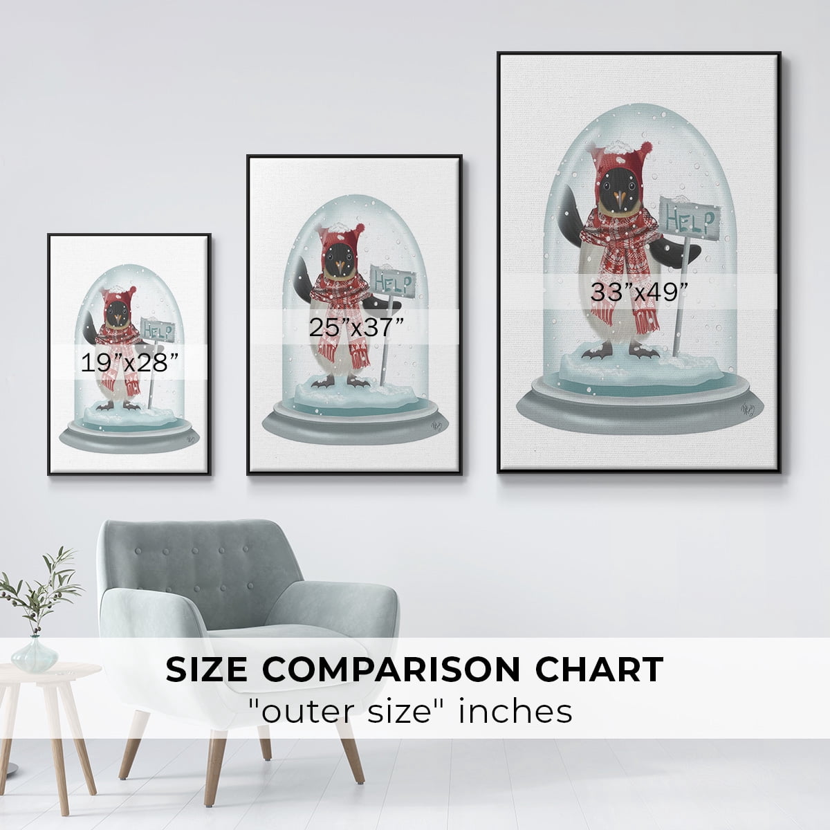 Christmas Penguin Snow Globe - Framed Gallery Wrapped Holiday Canvas - 17 x 25 - Black Frame