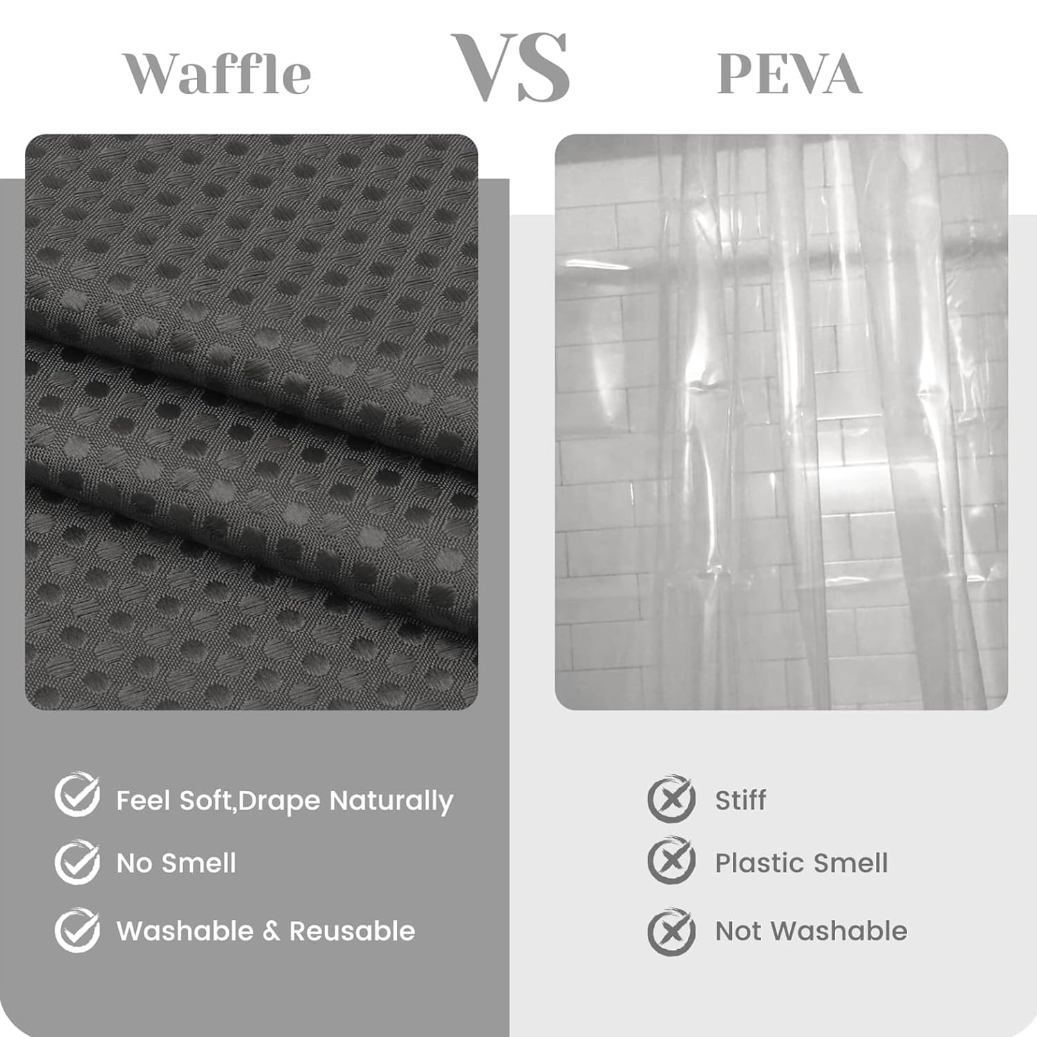 Waffle Weave Hookless Shower Curtain with Snap in Liner, DawnJoanHD Dark Grey Polyester Fabric Shower Curtains with See Through Top Window, 71" x 74"