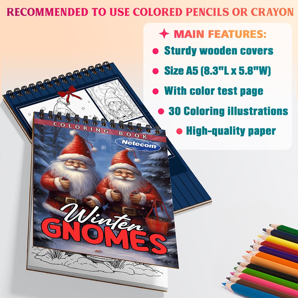 Netecom Winter Gnomes Coloring Book Spiral Bound for Adults, A5 Wooden Cover, 30 Delightful Coloring Pages of Gnomes in Winter Activities for Stress Relief and Relaxation