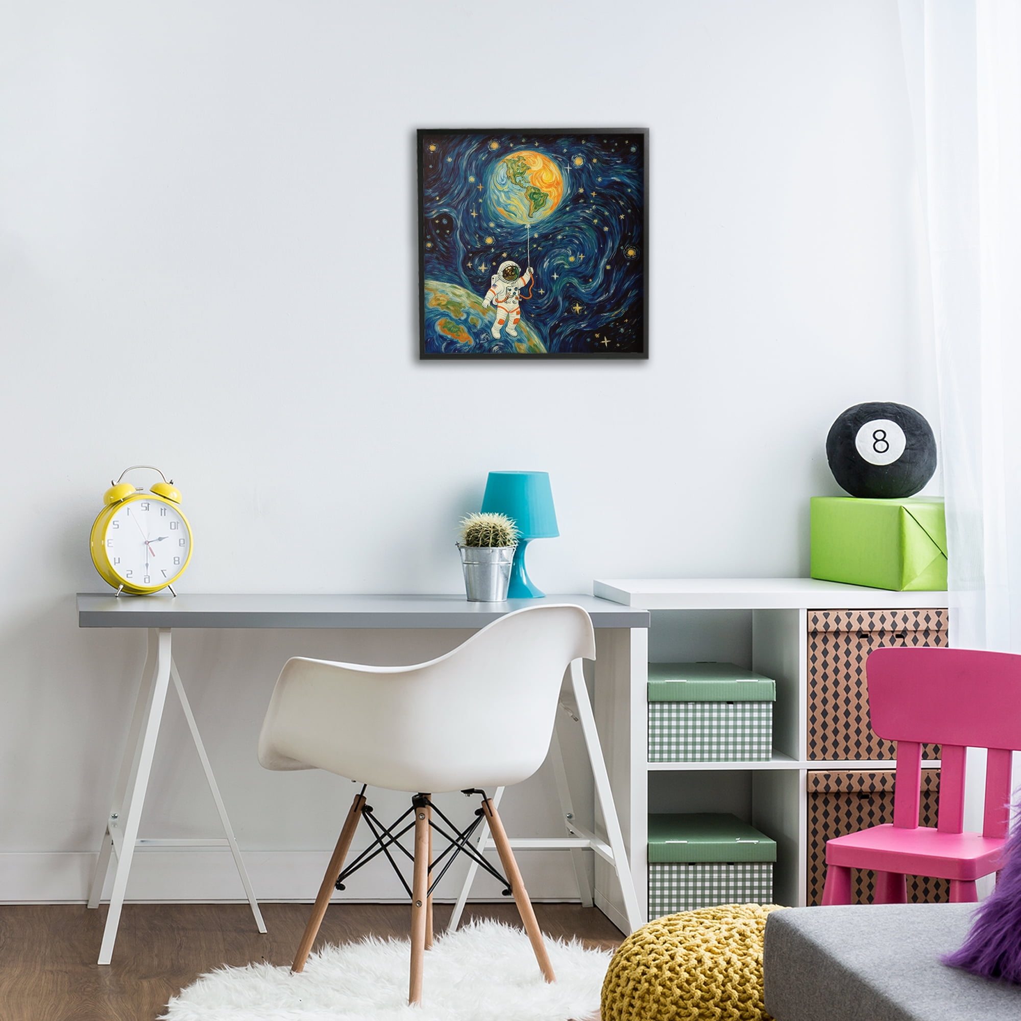 Astronaut with Earth Balloon Black Framed Giclee Art, design by Angie Hawke