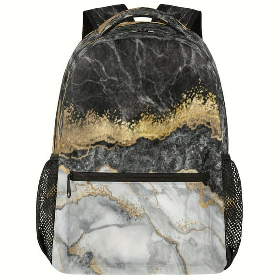 Black and gold marble pattern backpack, large capacity commuting travel backpack, unisex fashionable college style bag.