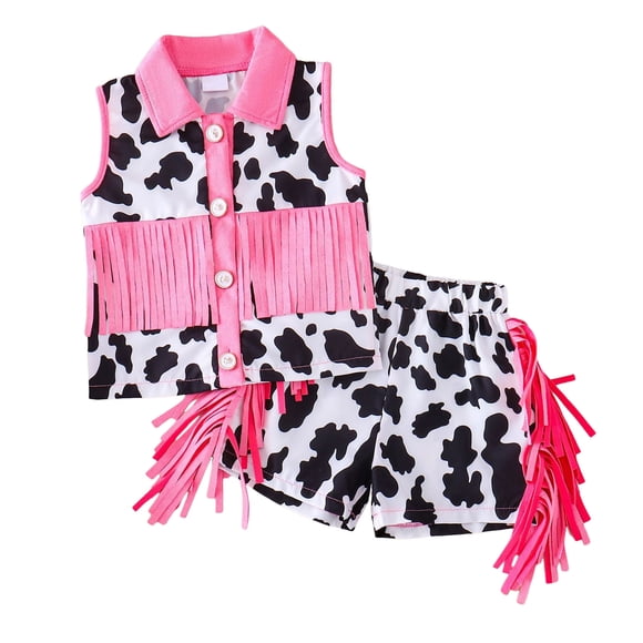 Splozh Baby Girl Clothes Toddler Girl Clothes Cow Print Shirt Ruffle Sleeve Button Tops and Shorts Set Denim Outfits Jean Shorts Set White,18-24 Months