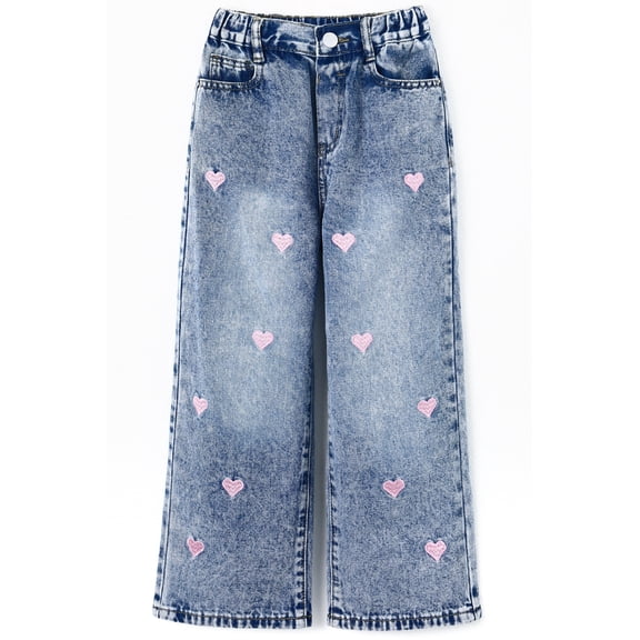 KIDSCOOL SPACE Girls Wide Leg Jeans,Embroidery Pink Heart Elastic Waist with Ding,Light Blue,7-8 Years