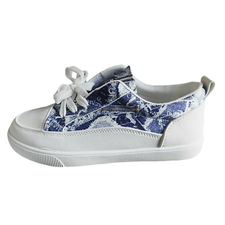 QYZEU Black Flat Dress Shoes for Women High Heels Women Summer 2024 Spring Autumn Single Shoes Printed Breathable Shoes Low Cut Lace Up Casual Large Women s Shoes Blue 39