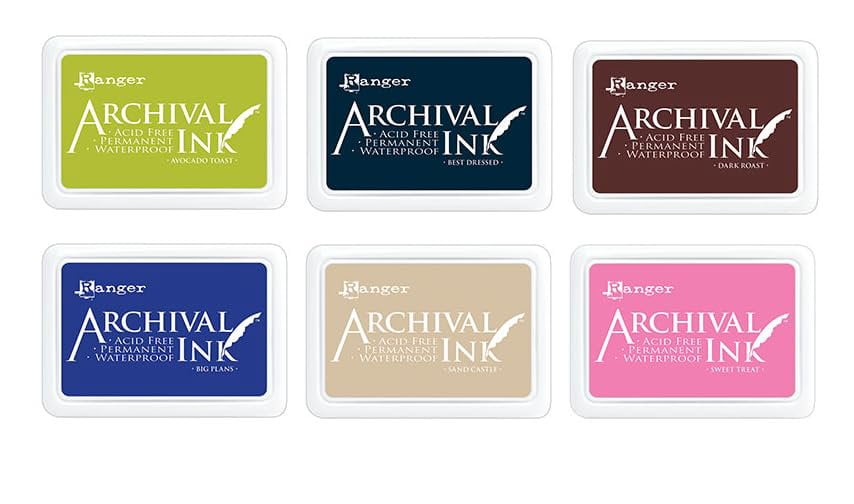 Ranger Archival Ink February 2026 Release, 6 Full Size Pad Colors, Avocado Toast, Best Dressed, Big Plans, Dark Roast, Sand Castle & Sweet Treat with Trebbies Detail Sticks