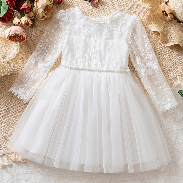 IVEYRTF Girls A Line Dress Elegant Ruffled Print Princess Dress Long Sleeve  Round Neck Fall and Winter Dress for Kids Comfortable Soft Breathable(White#2,2-3  Years) - Walmart.com