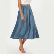 ZunFeo Womens Linen Midi Skirt Elastic Waist Blue - Flowy Swing A-Line Crinkle Texture Summer Casual Skirt for Women, Machine Washable, Boho Chic,Size Free Size