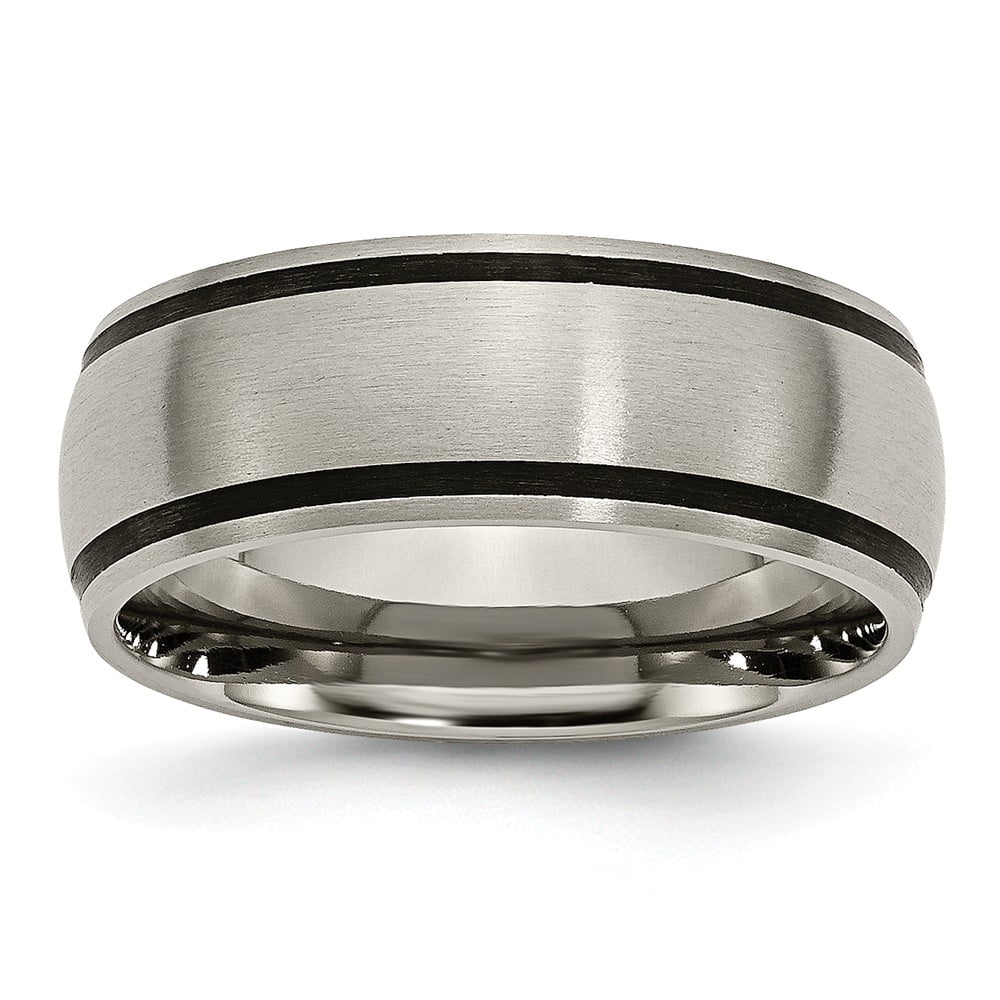 Stainless Steel 2 Color Matte Finished with Black Rubber Center Groove Half-Round Band Ring