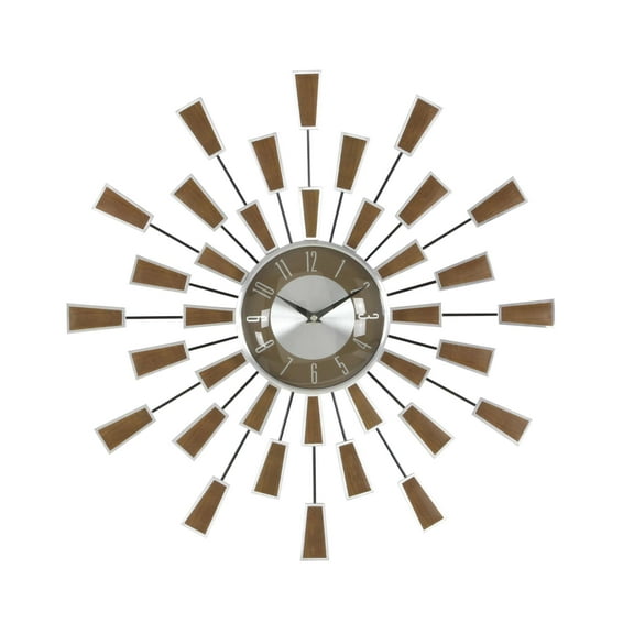 DecMode 22" Brown Metal Starburst Starburst Wall Clock with Silver Accents