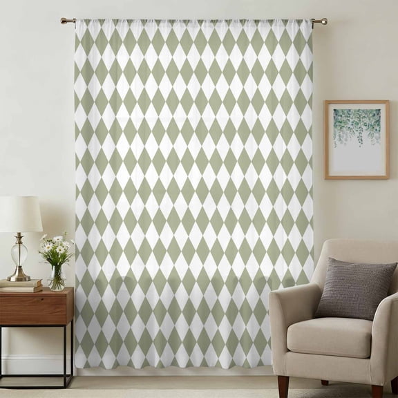 Sage Green Plaid Sheer Curtains 84 Inches Long, Modern Minimalist Geometric Checkered Light Filering Curtains, Breathable Simi Curtain Privacy Drapes for Living Room Bedroom Window Treatment
