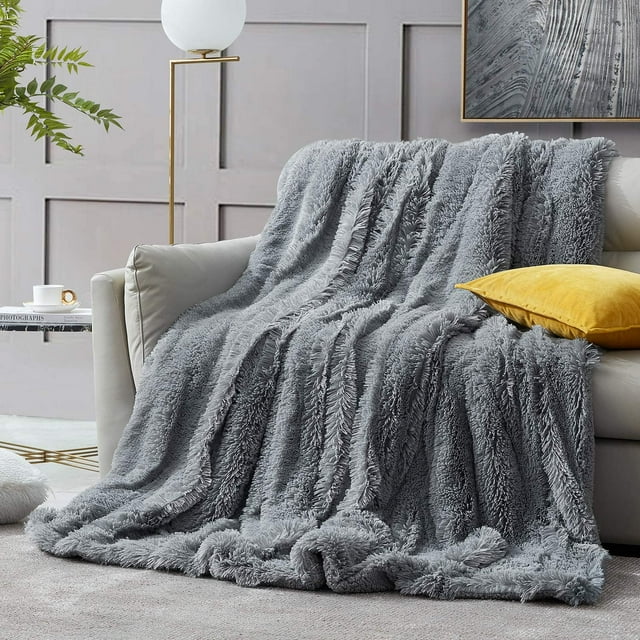 Manta de piel sintética peluda, manta de felpa ultrasuave con sherpa cálido reversible, decoración de sofá cama para uso en todas las estaciones (gris, Queen 90X90) Adepaton WMCH-323