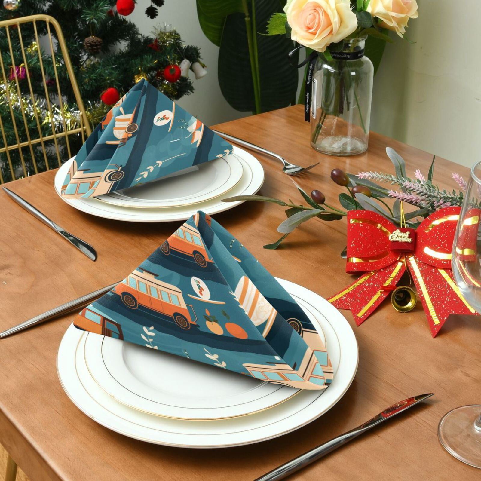 JSTEL Bus Car Cloth Napkins Set of 6, 20x20 Inch Washable and Reusable Napkin for Decoupage Dinner Party Everyday Use
