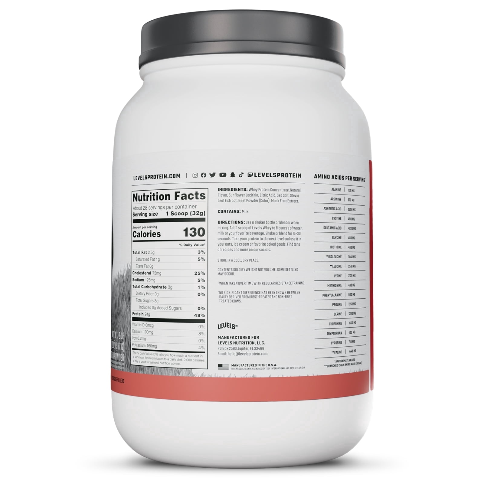 Levels Grass Fed Whey Protein Powder, No Artificials, 24G of Protein, Strawberry, 2LB