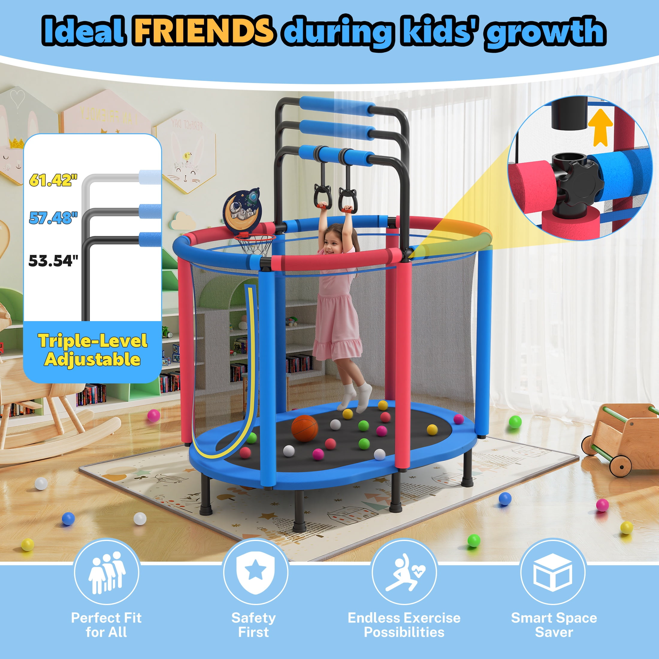 60" Toddler Trampoline with Safety Enclosure Net, SEGMART Upgraded Kids Trampoline with Basketball Hoop, Swing, Rings, Balls, Indoor Outdoor Mini Trampoline Birthday Gift for Kids Ages 3-9
