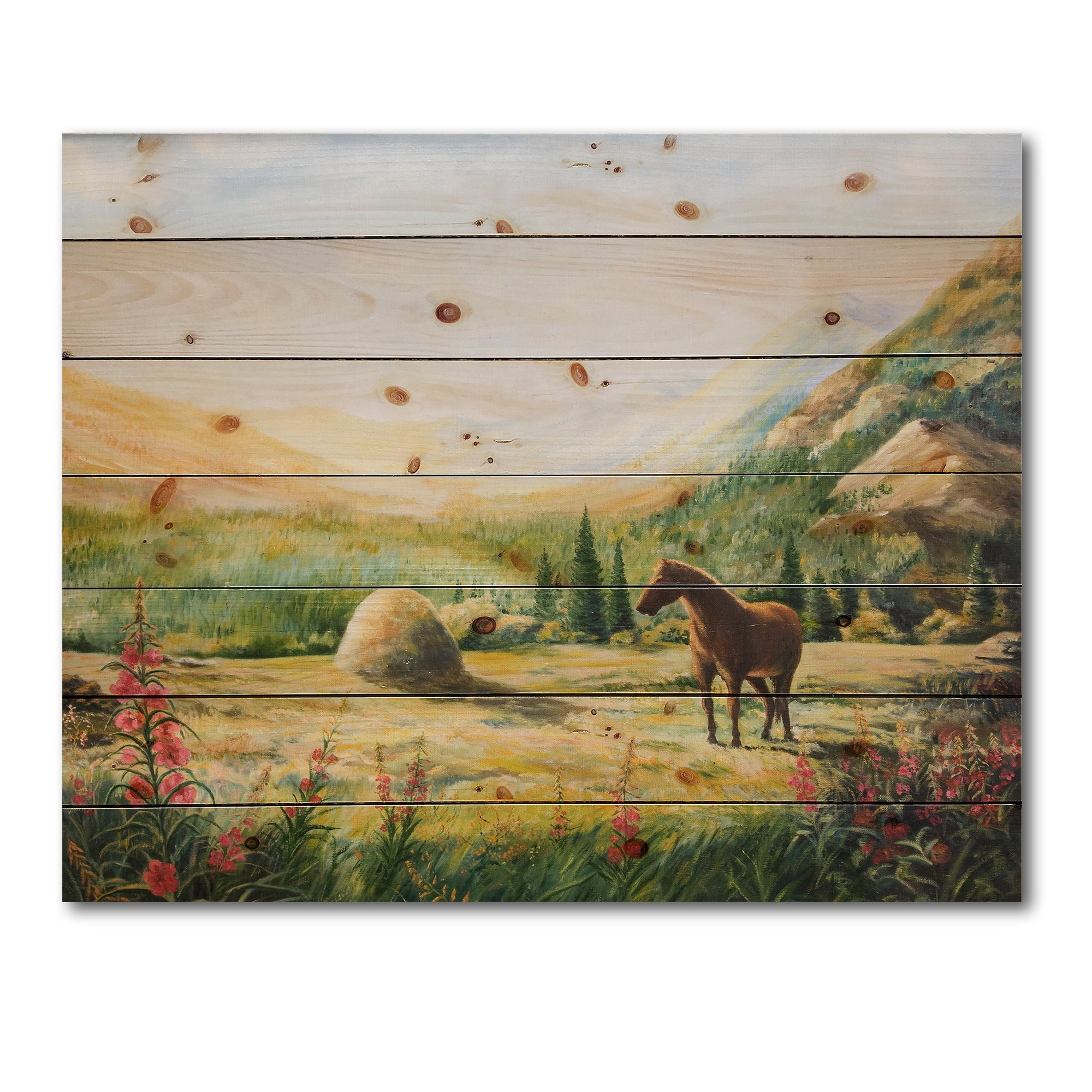 Designart 'Sunrise In The Mountains With Horse' Farmhouse Print on Natural Pine Wood