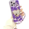 thumbnail image 4 of for iPhone 16 Pro Max Case Bling Diamond Case with Flower Strap, Glitter Sparkle Girly Heart Makeup Mirror Rhinestone 3D Pearl Rose Wrist Lanyard Bracelet Cover for iPhone 16 Pro Max (Purple), 4 of 9