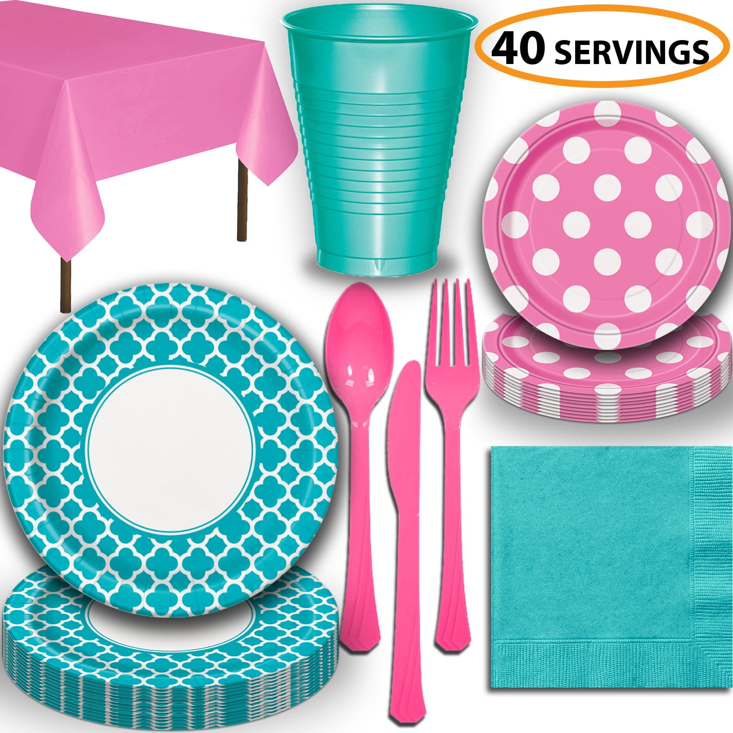 Disposable Tableware, 40 Sets Caribbean Teal and Hot Pink Quatrefoil Dinner Plates, Dotted