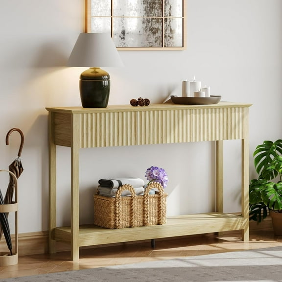 47" Fluted Console Table with 3 Drawers, Narrow Long Entryway Table with Storage and Shelf, 2-Tier Sofa Table Behind Couch Accent Tables for Entrance Foyer, Hallway, Living Room, Oak